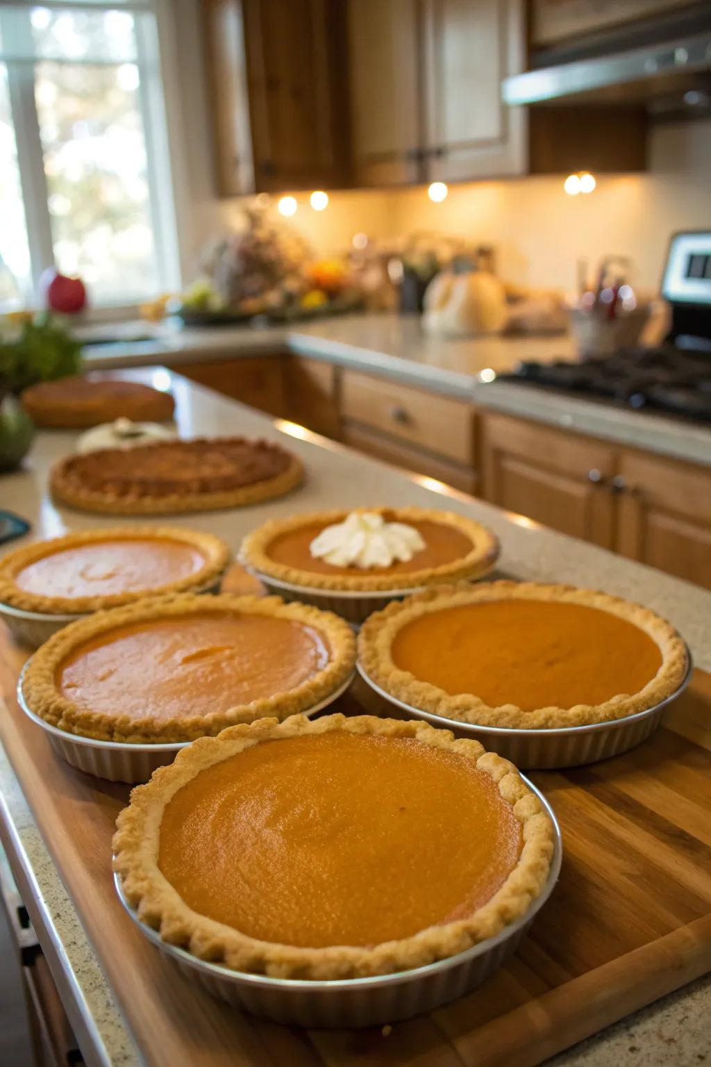 An array of pumpkin pies ready for tasting and judging.