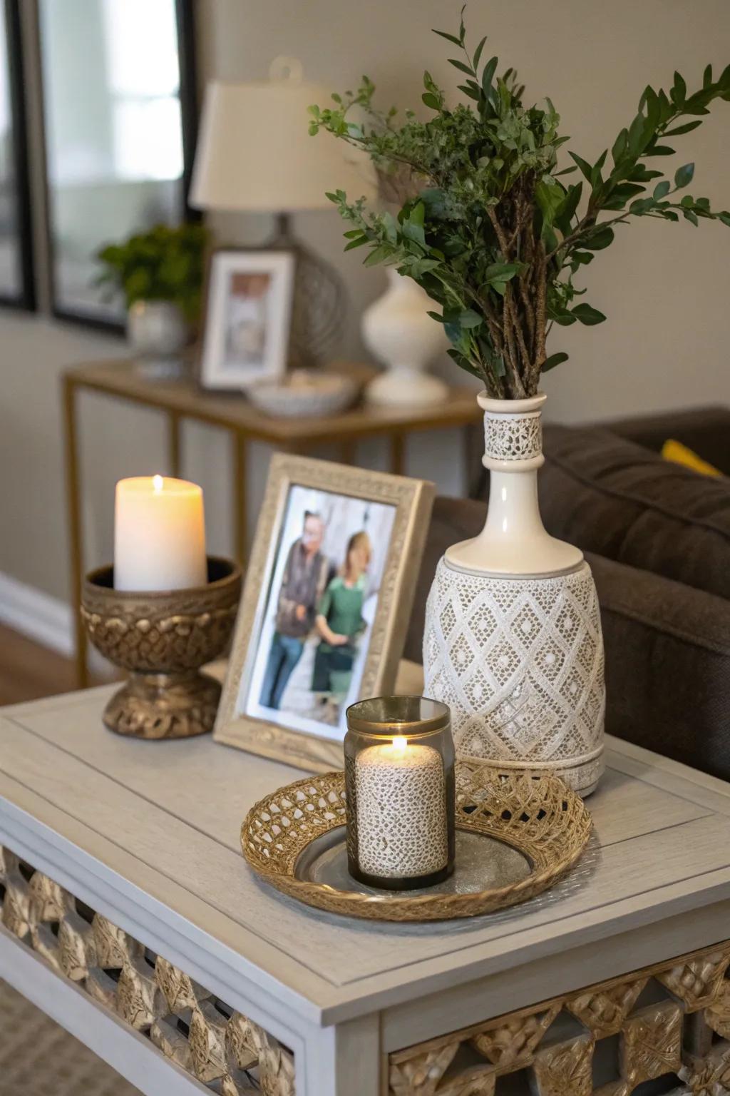 Customize your nook with framed photos on a side table.