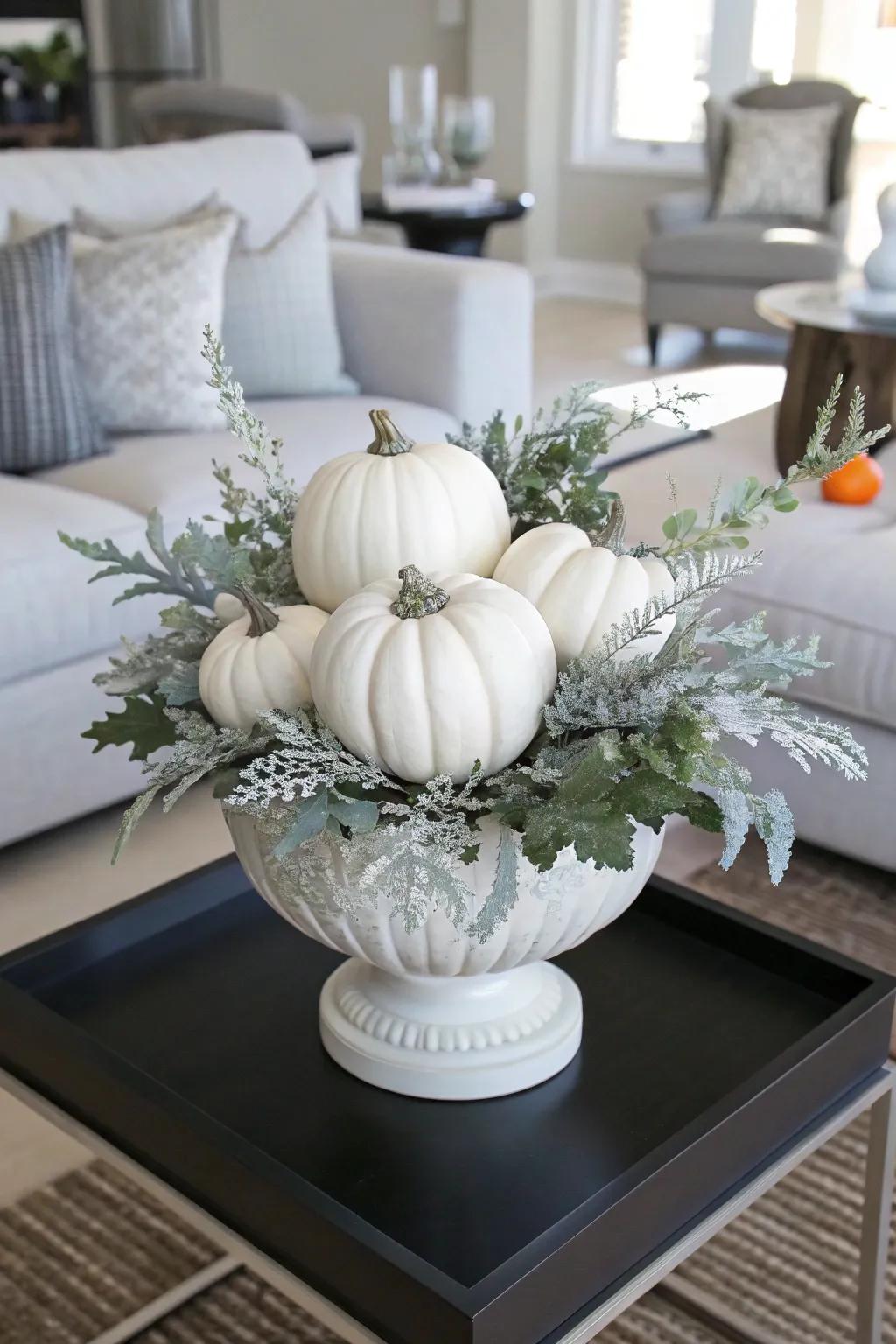Elegant ivory gourds arranged in a sleek seasonal planter.