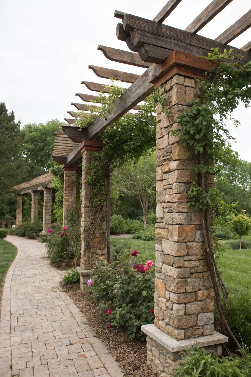 Stone veneer adds rustic charm to pergola posts.