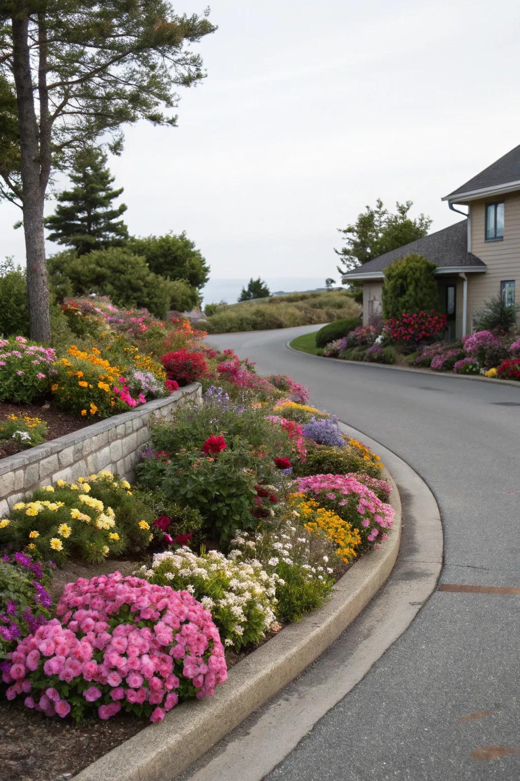 Colorful flower arrangements brightening a driveway corner.
