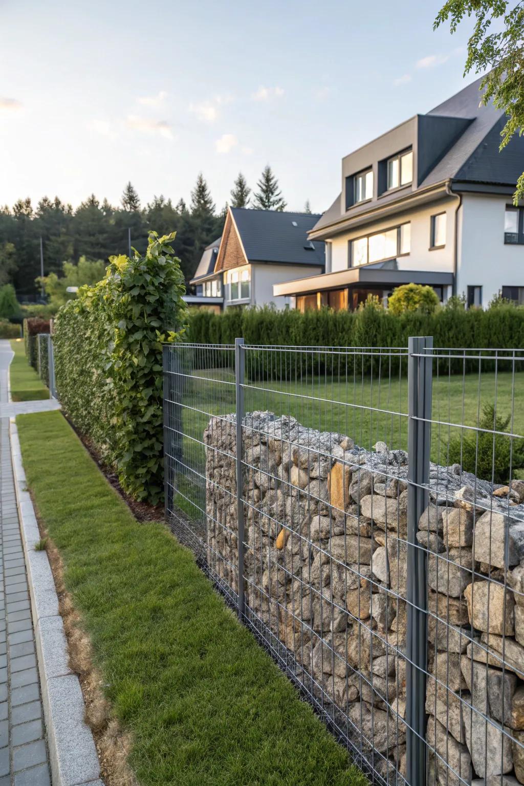 Gabion fences blend natural stones with metal cages for a robust and textured boundary.