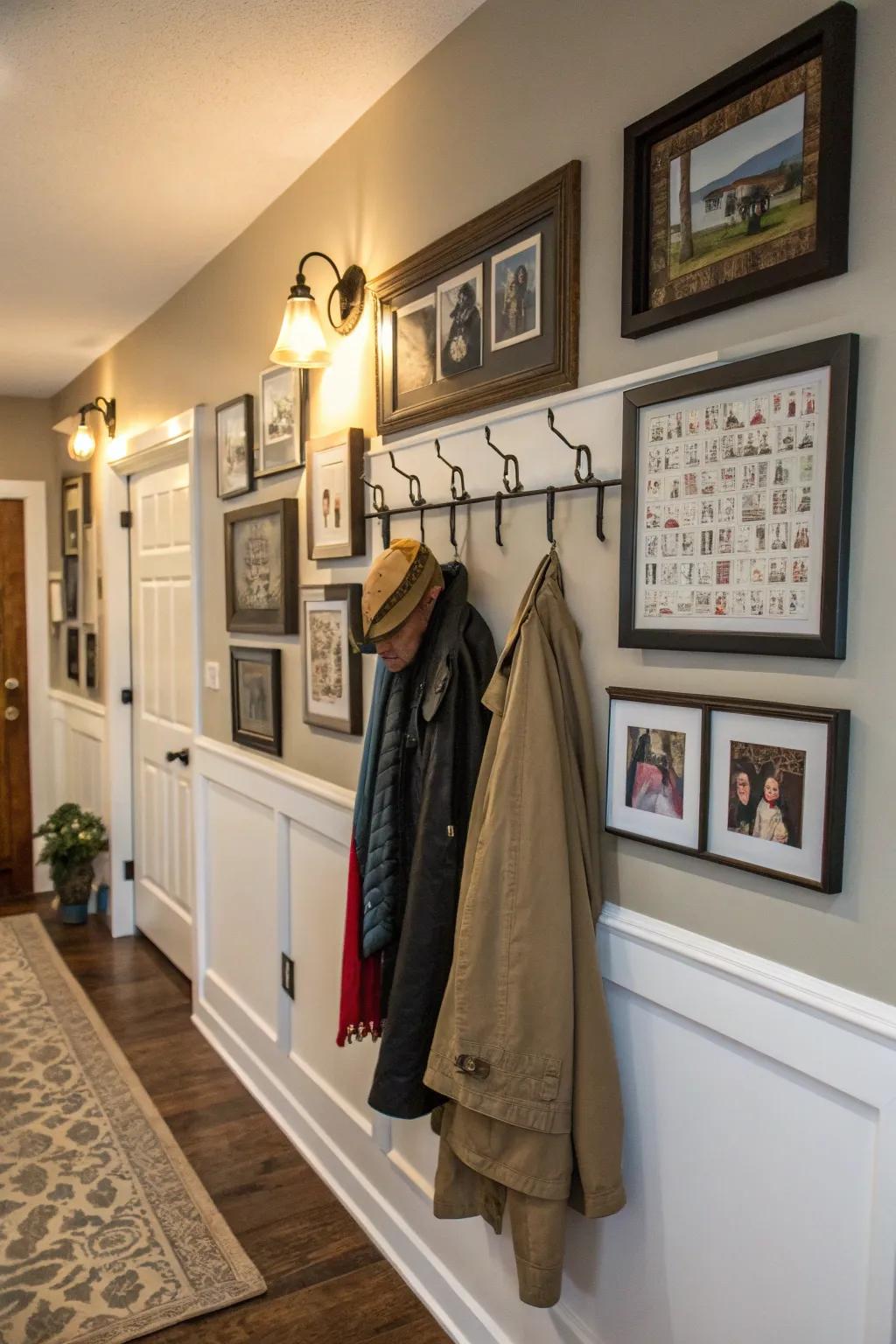 Gallery wall featuring integrated coat hooks for a personalized and artistic entryway.