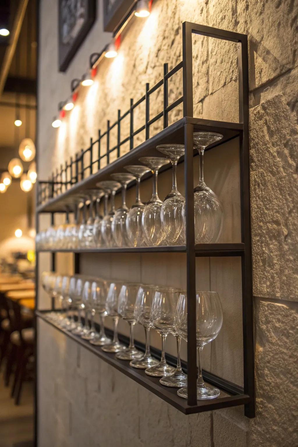 Wall-mounted rack displaying wine glasses as decorative art.