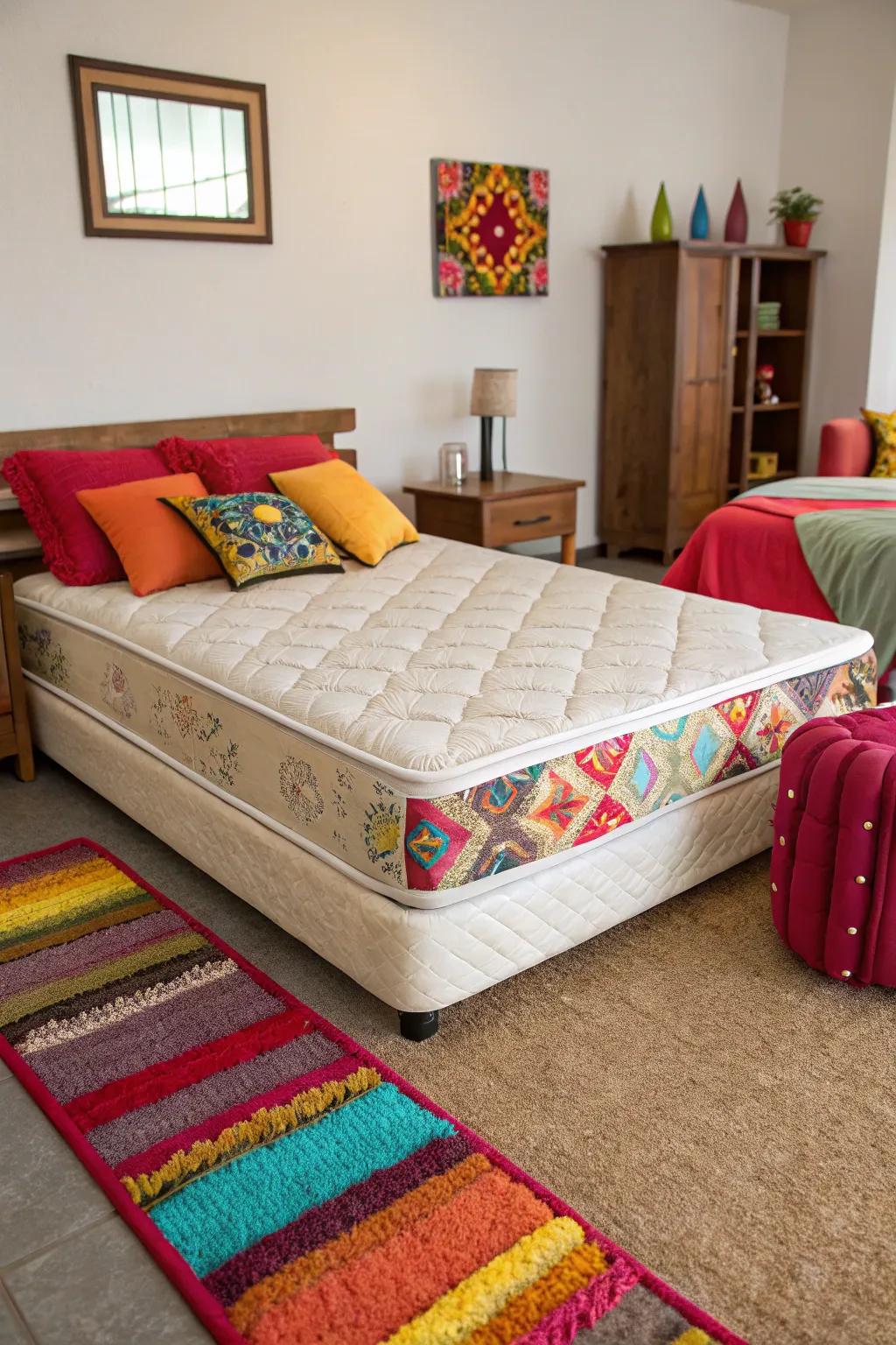 Colorful accents energize the bedroom space.