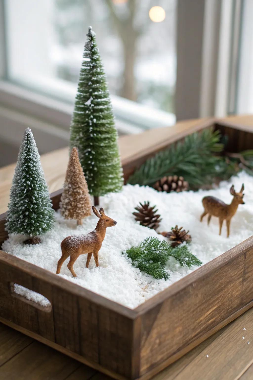 A captivating miniature winter landscape covered in snow on a wooden base.