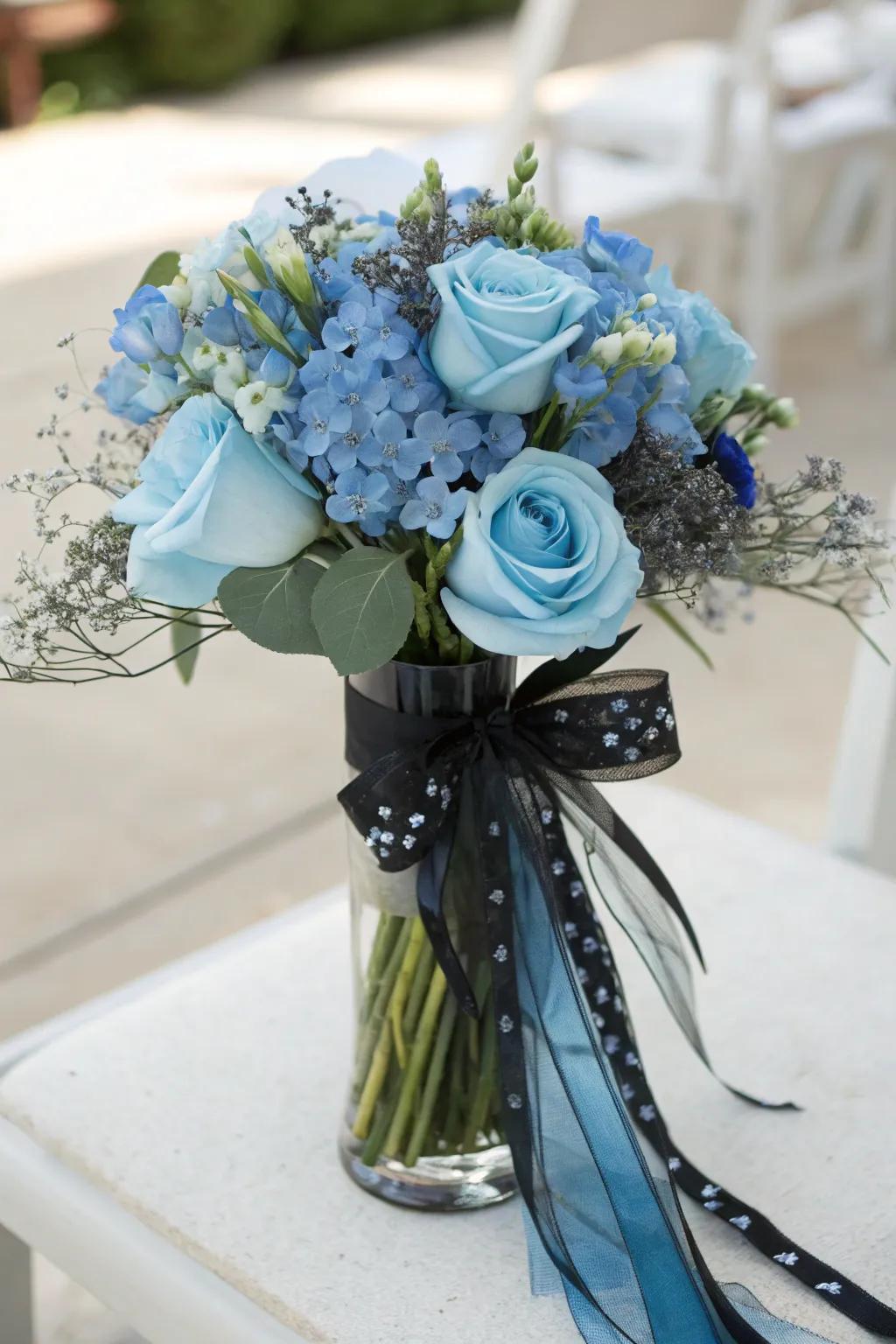Deep blue flowers paired with black accents for elegant floral designs.