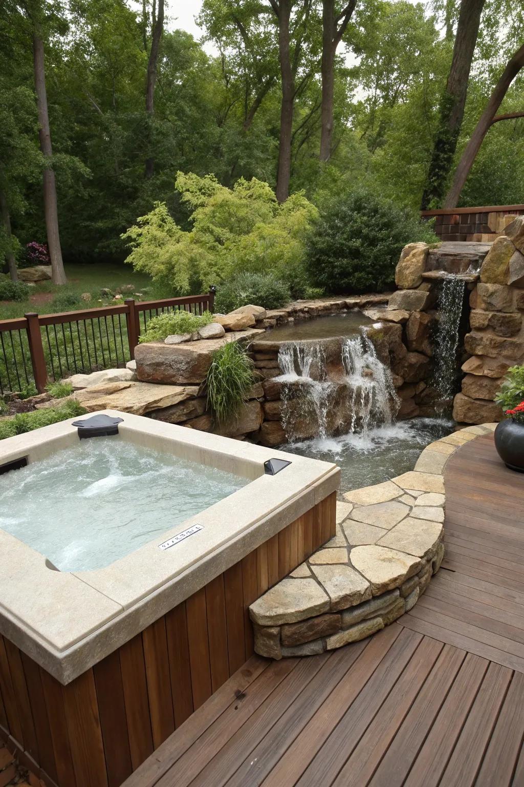 A waterfall feature adds soothing sounds and visual appeal.
