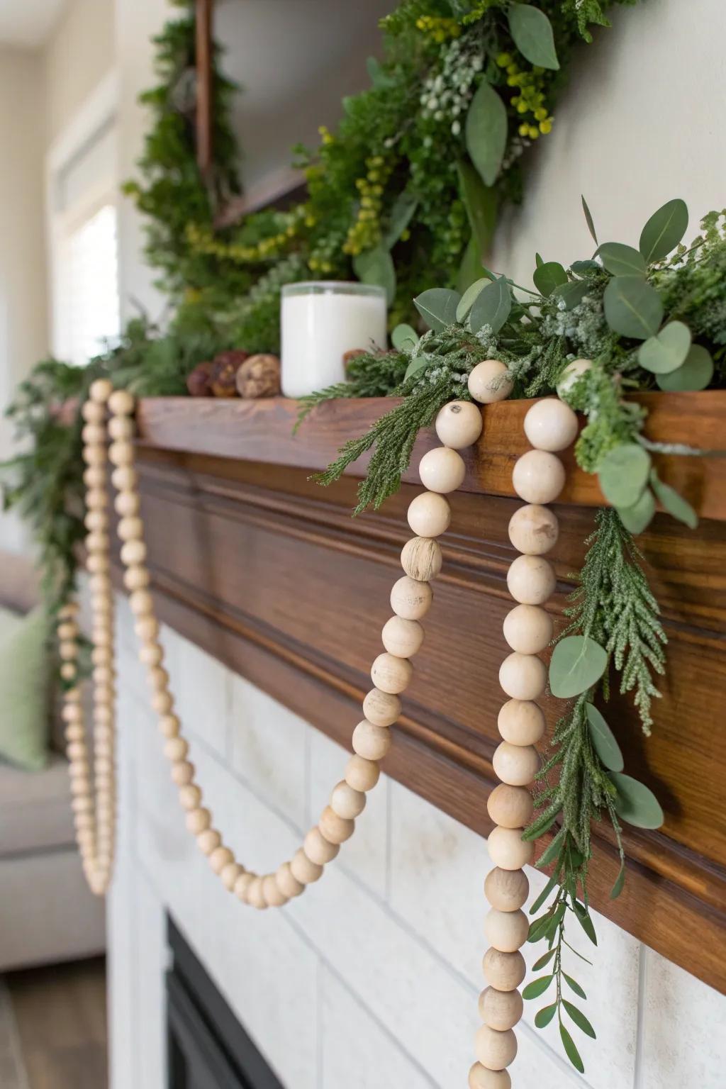 Wooden bead garland paired with lush green foliage.