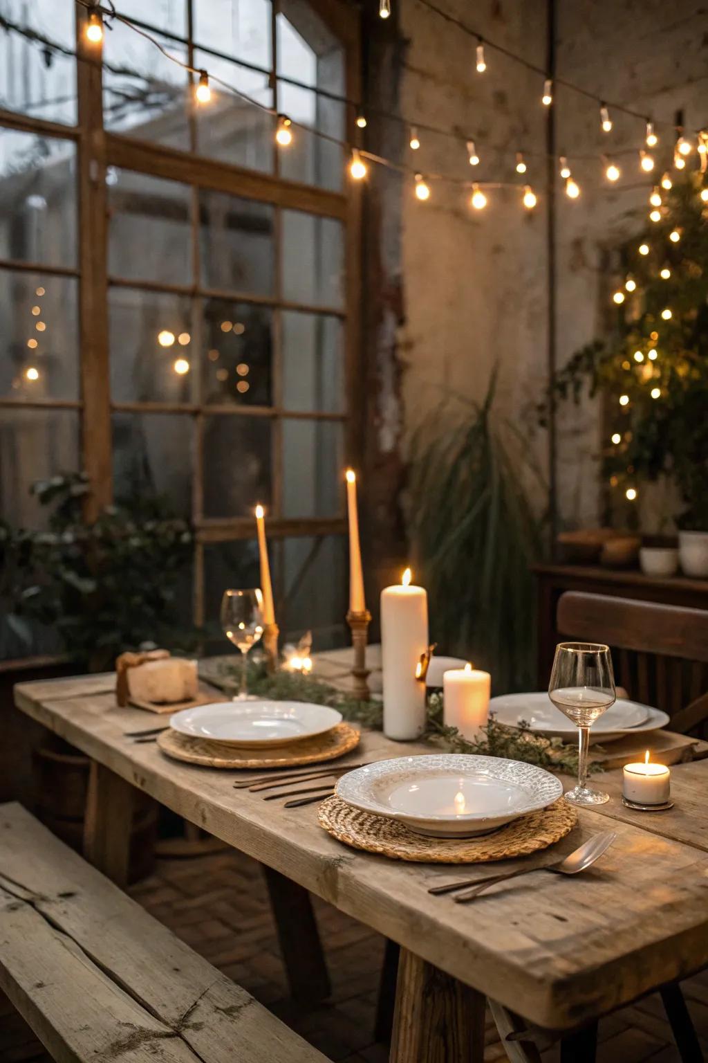 Miniature lamps casting a magical glow over a rustic table.