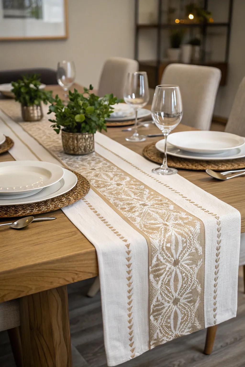 A table runner harmonizes the dining area's color palette.
