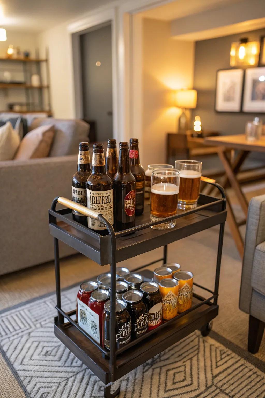 Versatile bar cart beer display for lively gatherings.