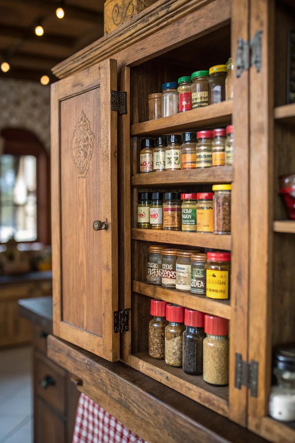 Add charm using a rustic wooden spice cabinet.