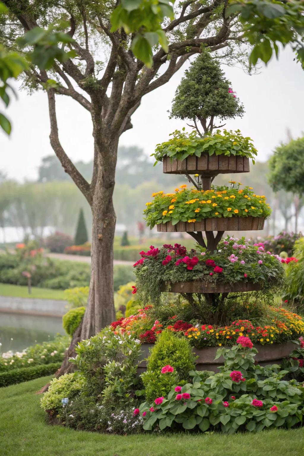Layered planting adds dimension and fullness around trees.