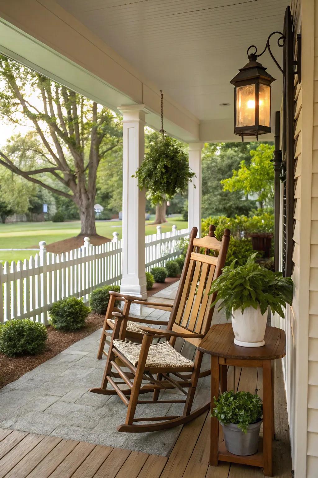 Traditional wooden rocking chairs adorning a front porch.