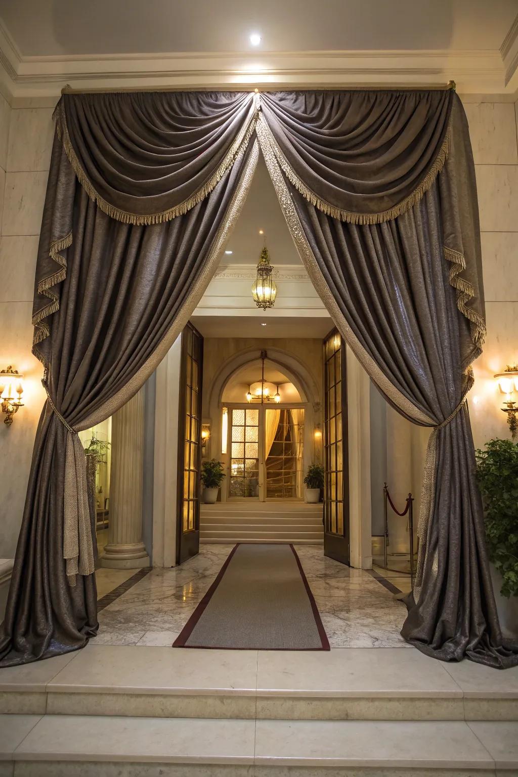 Elegant fabric drapes enhance the sophistication of your event entrance.