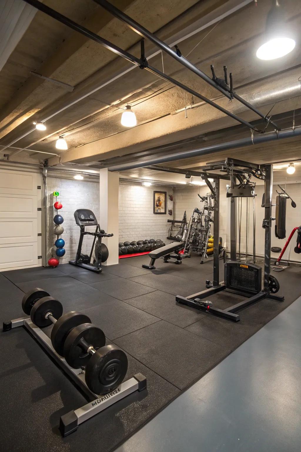Rubber flooring is a useful option for basement home gyms.
