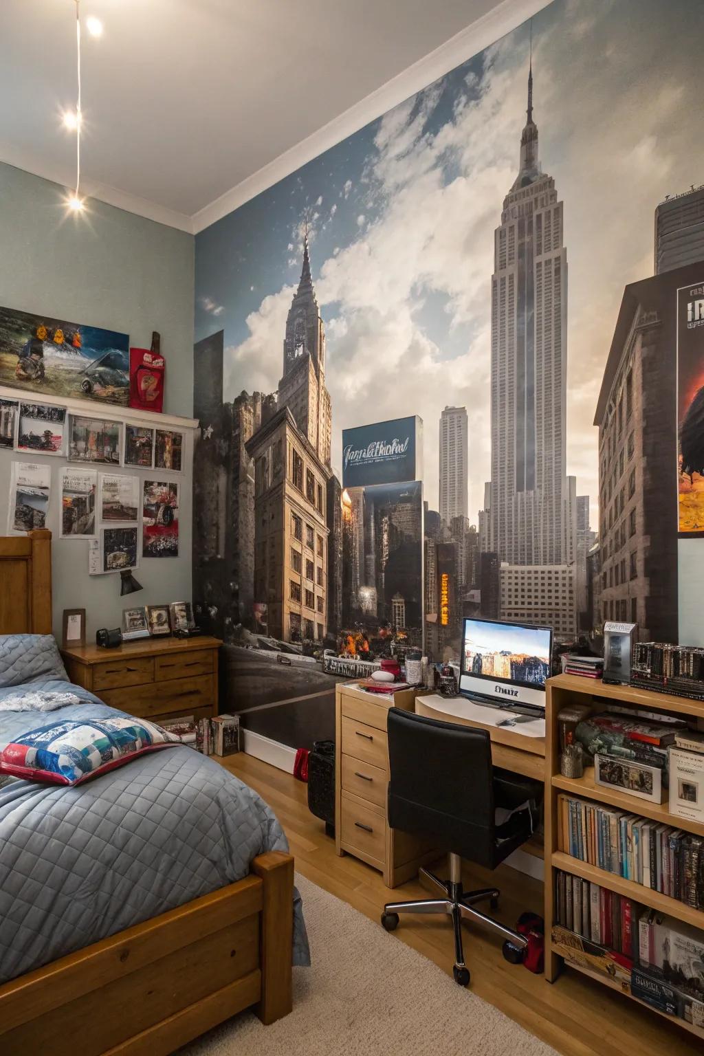 A striking oversized artwork featuring a city skyline enhances the vibe of this teen boy's bedroom.