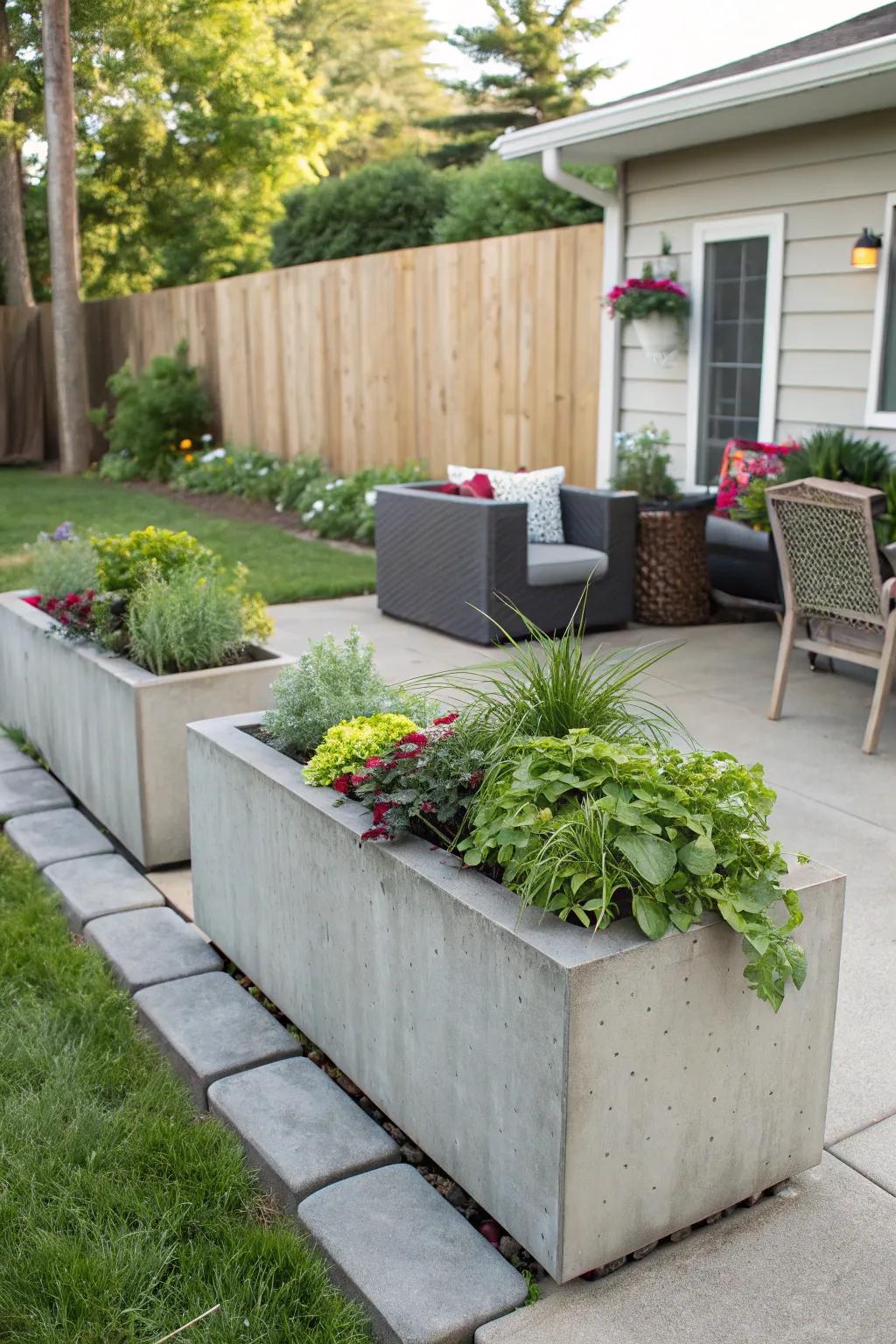 Contemporary concrete planters filled with vibrant plants.