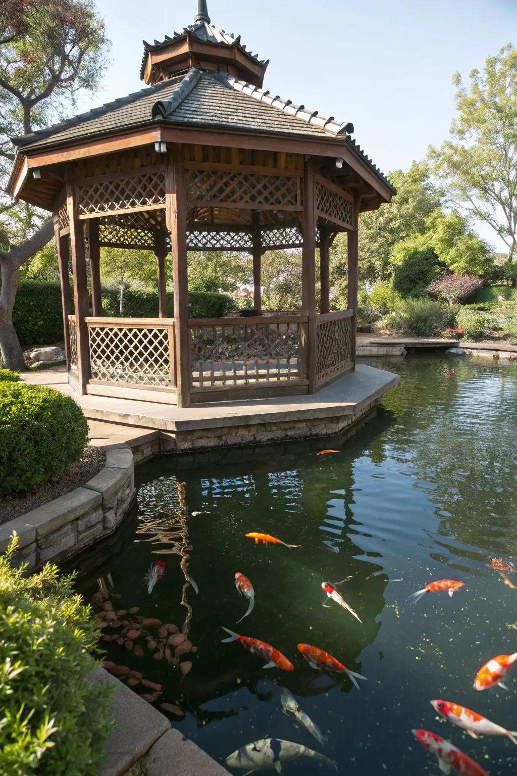 A koi pond elegantly shaded by a classic gazebo.