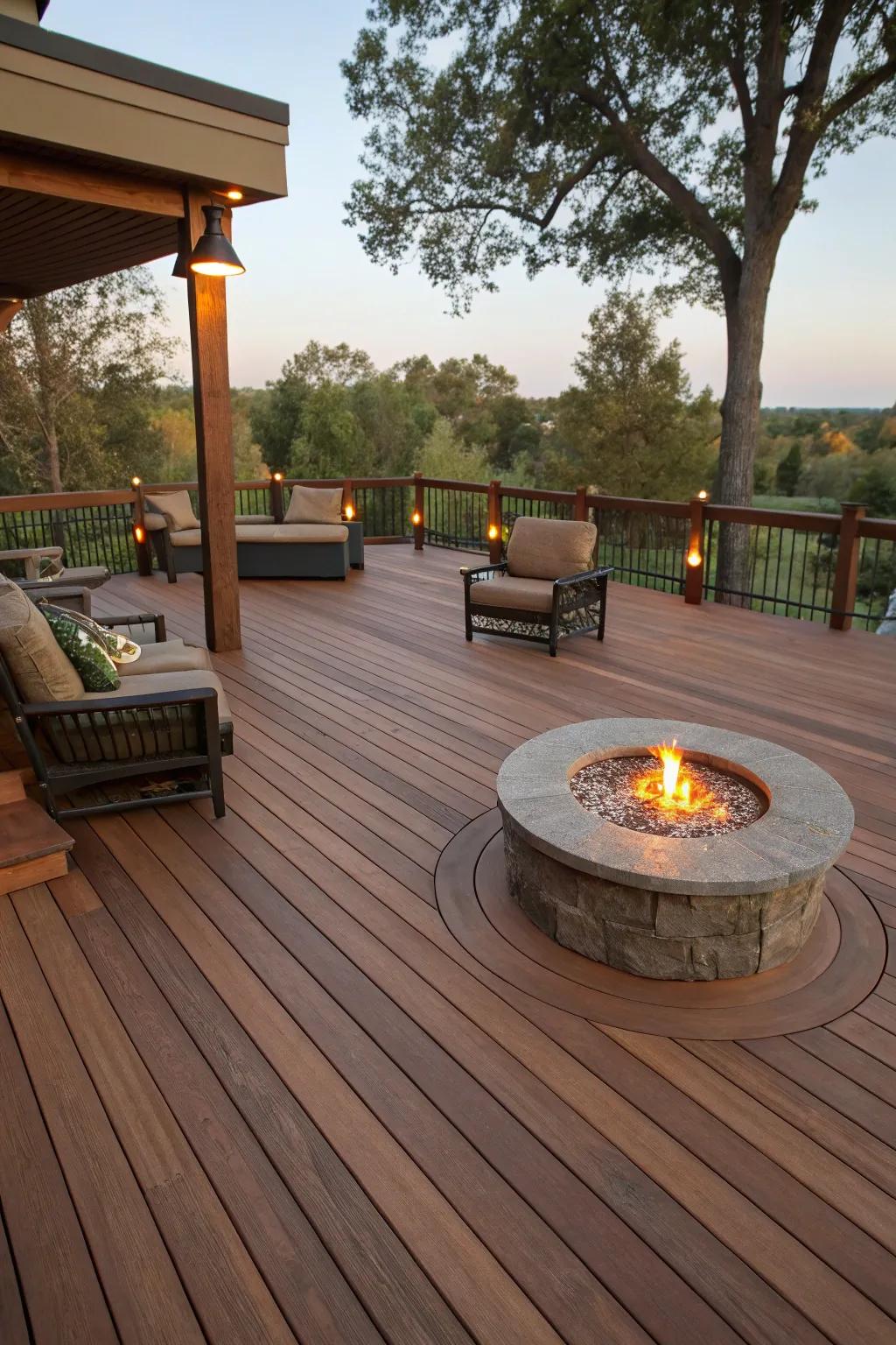 A fire pit creates a welcoming atmosphere on your deck.