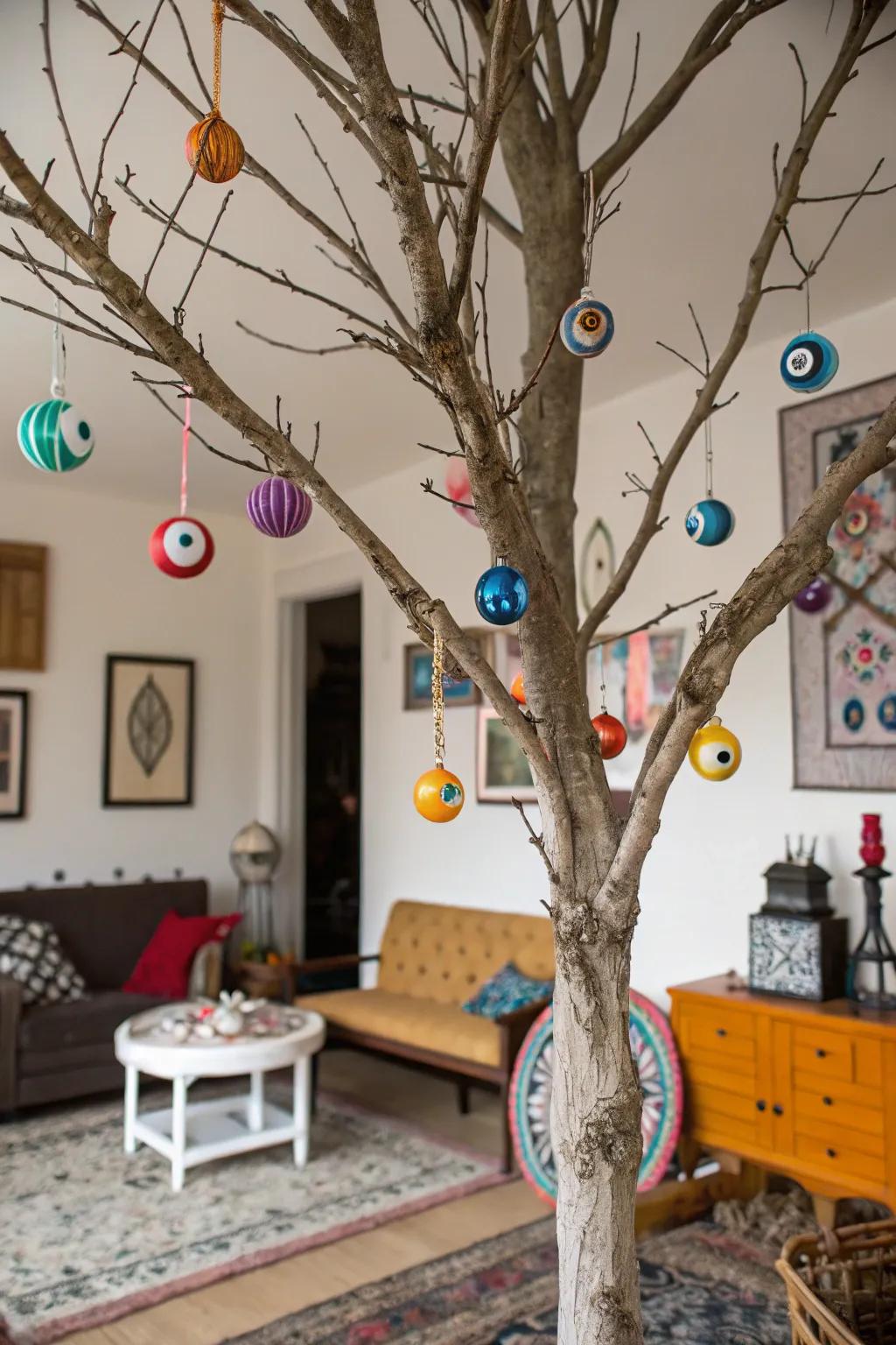Halloween tree decorated with eerie eyeball ornaments.